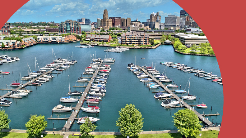 Aerial view of boats at a dock in Buffalo, New York.