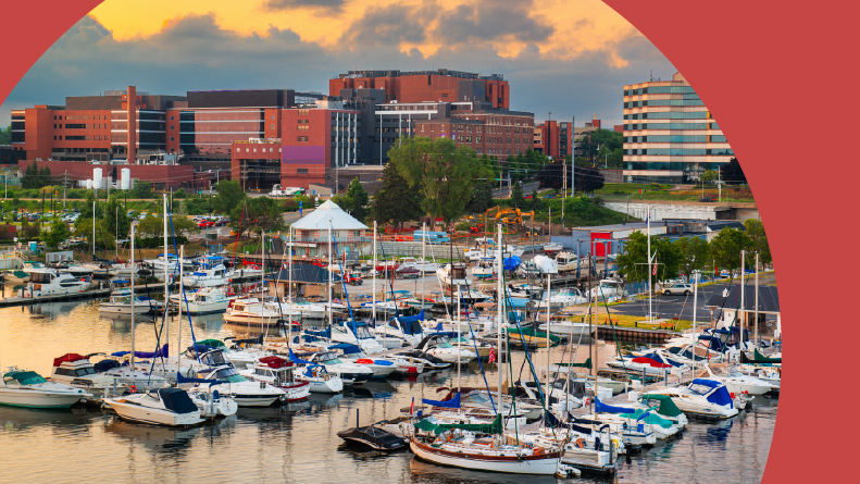 Boats at the docks in Erie, Pennsylvania at dusk.