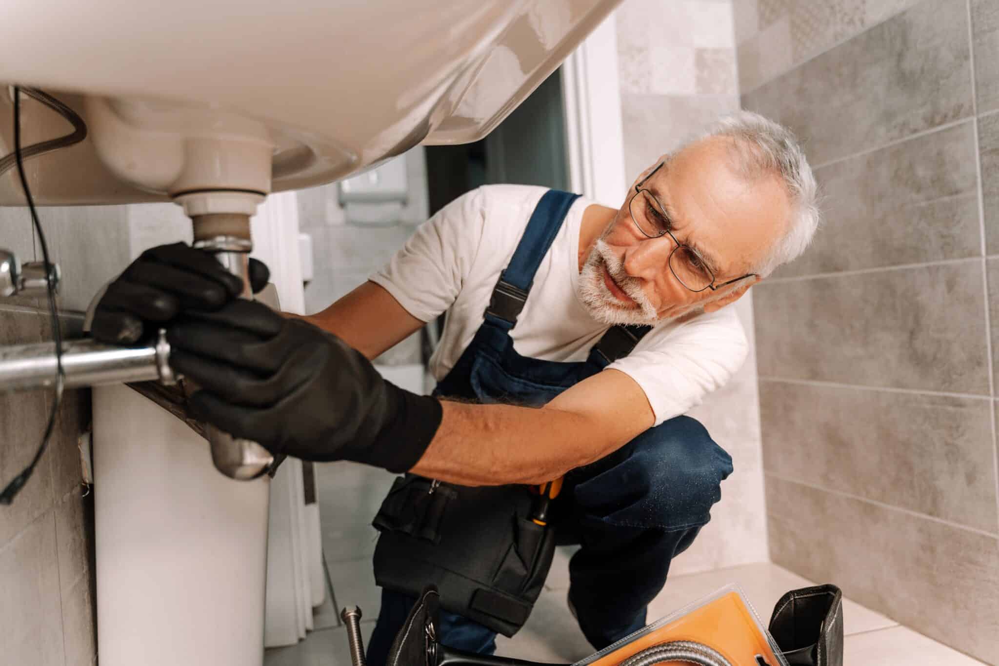 Older man doing maintenance on pipes under a sink.