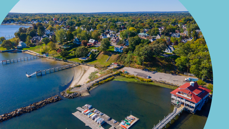 Aerial view of Providence River near river mouth to Narragansett Bay in city of Cranston, Rhode Island.