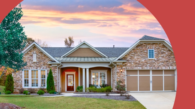 Exterior view of a model home at Sun City Peachtree, a 55+ community in Griffin, Georgia.