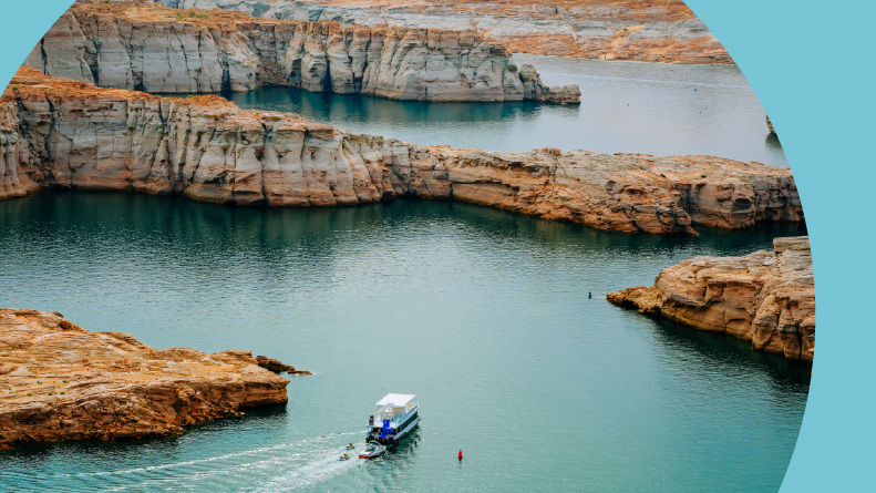 A houseboat on Lake Powell in Utah.