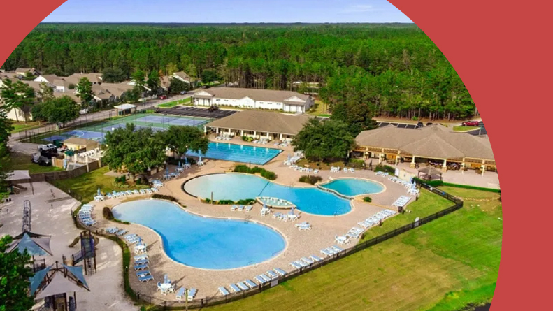 Aerial view of the amenities at Firefly at Hammock Bay in Freeport, Florida.