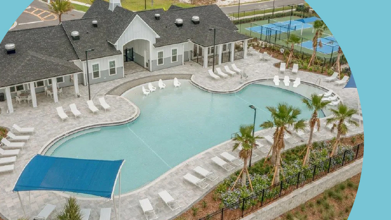 Aerial view of the outdoor amenities at Freedom at Sawmill Branch in Palm Coast, Florida.