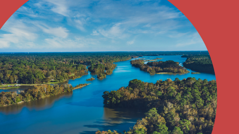 An aerial drone shot of Lake Houston surrounded by trees in Kingwood, Texas.