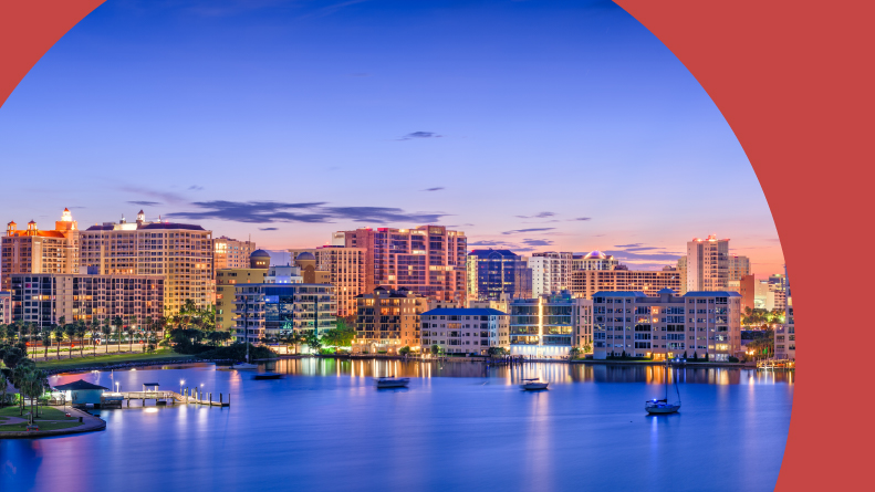 The Sarasota, Florida skyline on the bay at dawn.