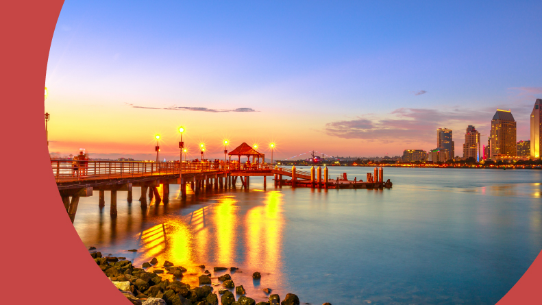 Scenic view of Coronado Ferry Landing on Coronado Island near San Diego, California.