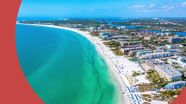 Aerial view of Siesta Key Beach in Sarasota, Florida.