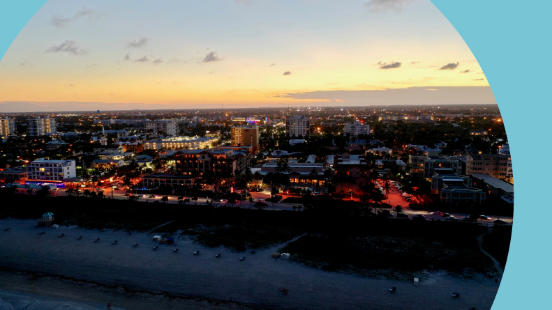 Aerial view of the beach strip of Delray Beach, Florida at night.