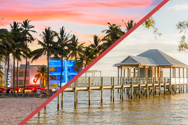 An image combining the Miami Beach, Florida and a lake in Fairhope, Alabama.