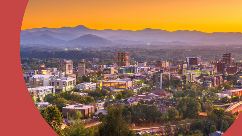 The downtown skyline at dawn in Asheville, North Caroilna.
