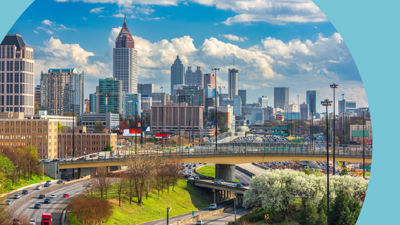 The downtown skyline of Atlanta, Georgia on a spring day.