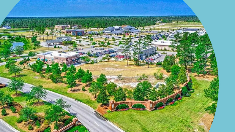 Aerial view of the grounds and community buildings at Brunswick Forest in Leland, North Carolina.
