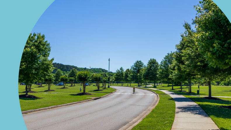 A long, winding road at Etowah River Park in Canton, Georgia.
