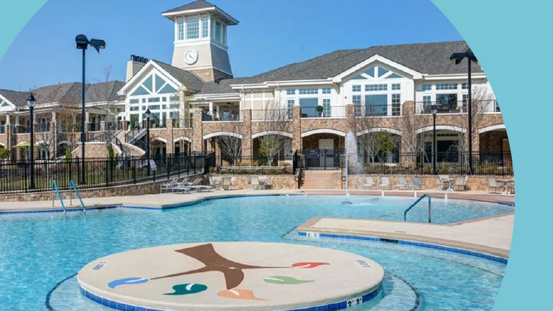 The outdoor pool and clubhouse at Carolina Arbors in Durham, North Carolina.