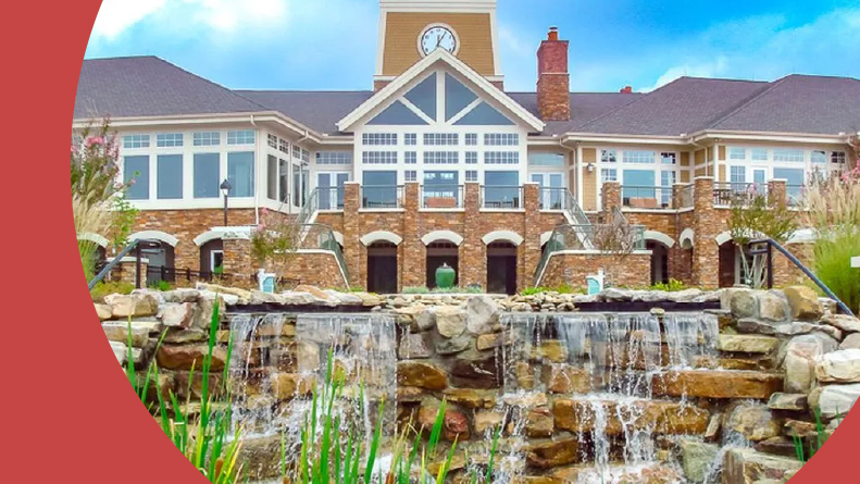 A waterfall in front of the clubhouse at Carolina Preserve in Cary, North Carolina.