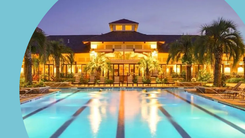 The outdoor pool beside the clubhouse at Compass Pointe in Leland, North Carolina.