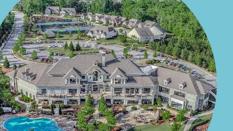 Aerial view of the homes and amenities at Cresswind at Lake Lanier in Gainesville, Georgia.