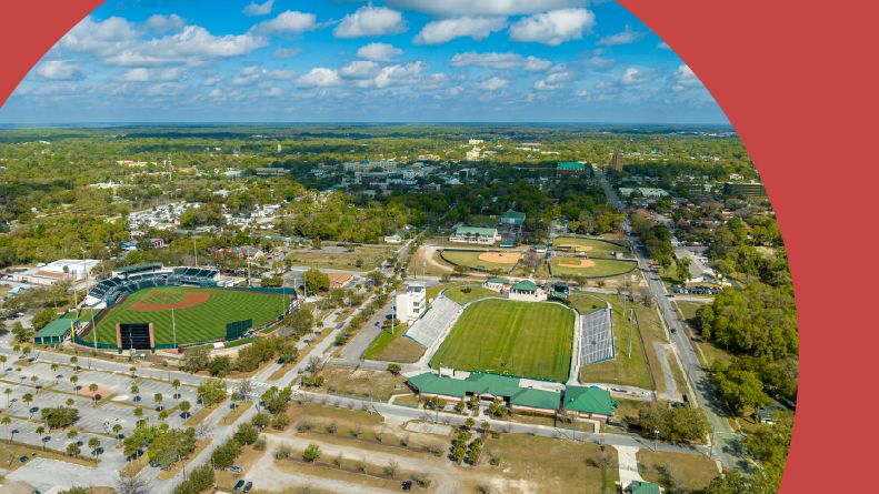 Winter aerial drone view of Deland, Florida.