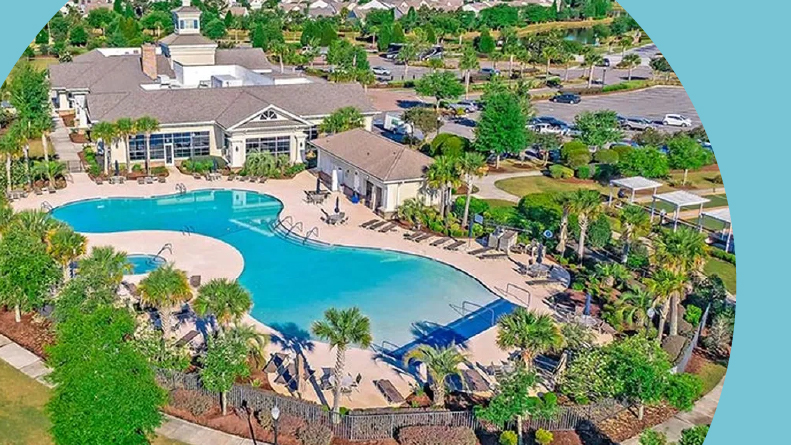 Aerial view of the outdoor pool at Del Webb at Cane Bay in Summerville, South Carolina.