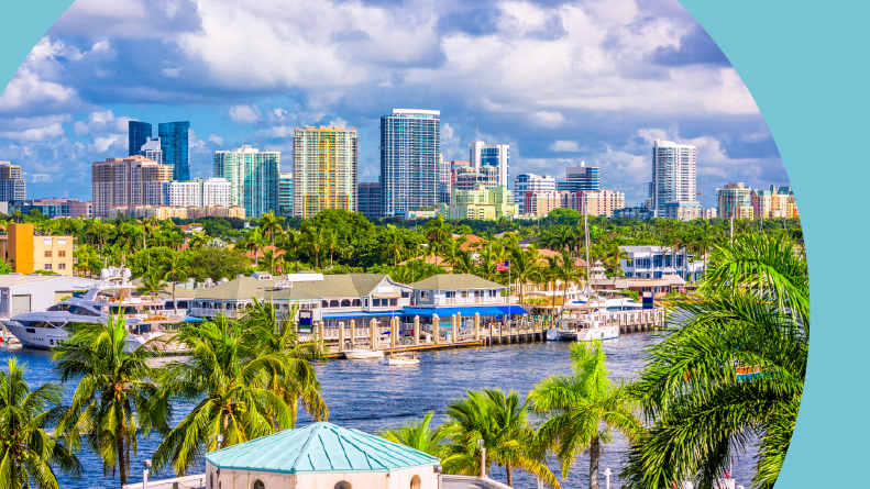 View across the water of the skyline in Fort Lauderdale, Florida.