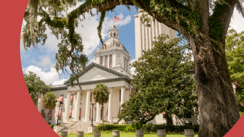 A blue sky over the State Capitol building in Tallahassee, Florida.