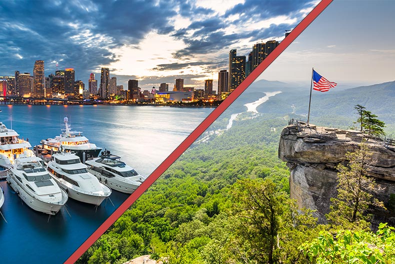 An image combining the Miami skyline in Florida and Chimney Rock at Chimney Rock State Park in North Carolina.