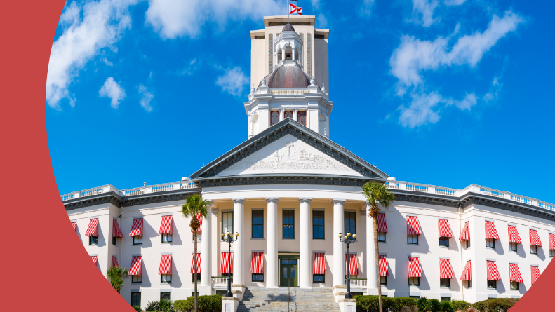 The Florida State Capitol Building with brightly colored striped awnings in Tallahassee.