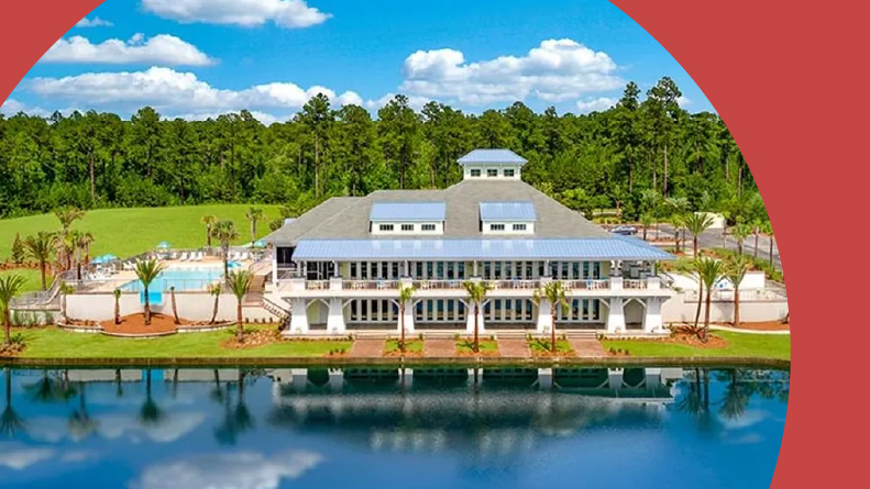 The clubhouse on the water at Latitude Margaritaville Hilton Head in Hardeeville, South Carolina.