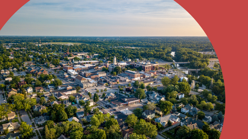 Aerial shot of the city of Noblesville, Indiana in the summer.