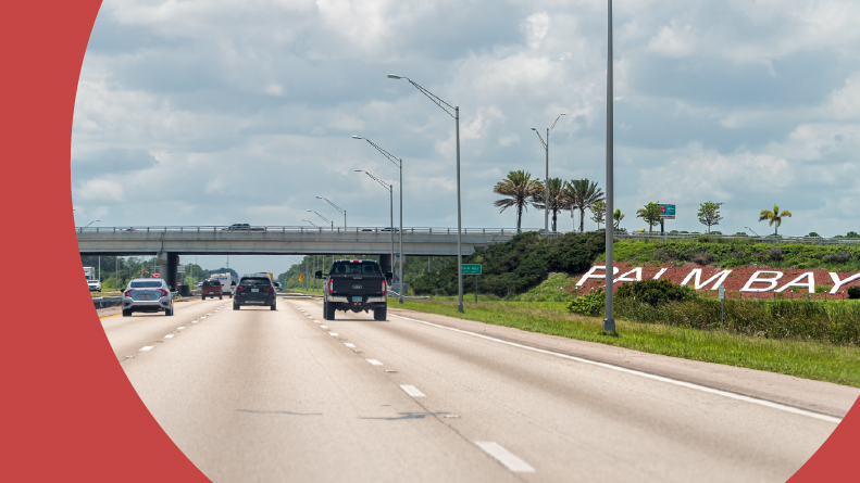 Interstate highway 95 with cars on a sunny day in Palm Bay, Florida.