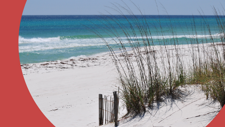 The Pensacola Beach sand dunes on a sunny day.