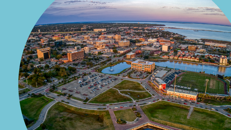 Aerial view of Pensacola, Florida during sunset.