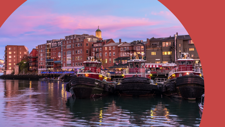 The Portsmouth waterfront at dusk in New Hampshire.