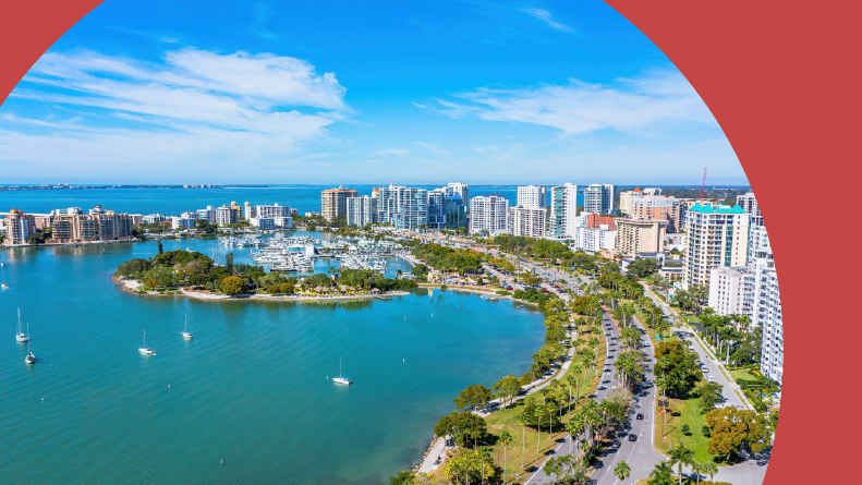 Aerial view of Bayfront Park and Marina in Downtown Sarasota, Florida.