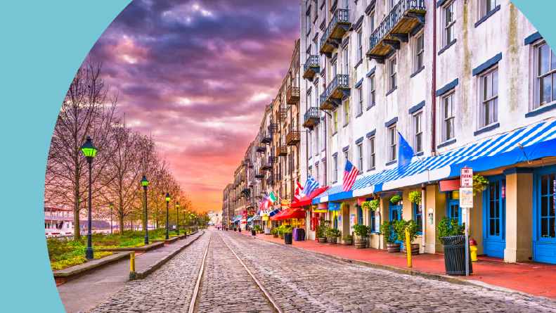The cityscape on River Street at dawn in Savannah, Georgia.
