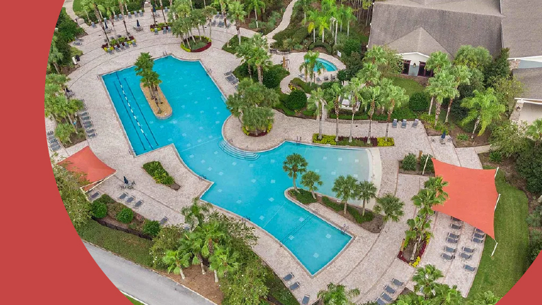 Aerial view of the outdoor resort-style pool at Stone Creek in Ocala, Florida.
