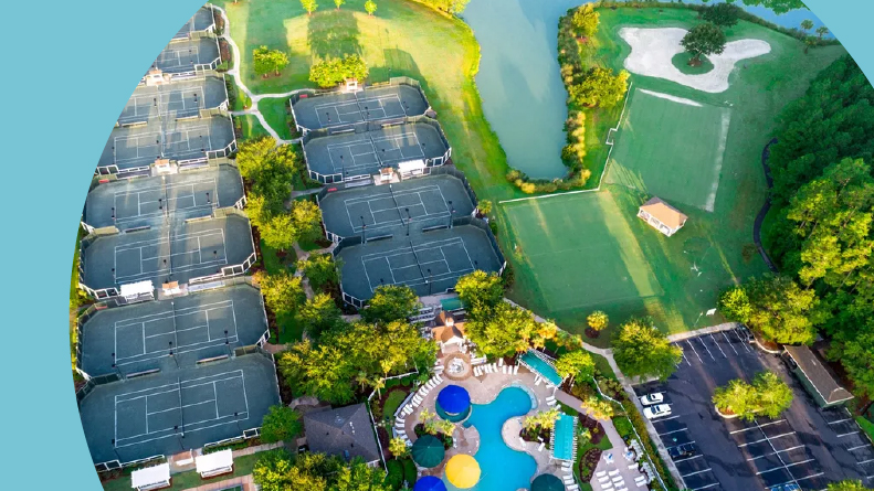 Aerial view of the outdoor amenities at Sun City Hilton Head in Bluffton, South Carolina.