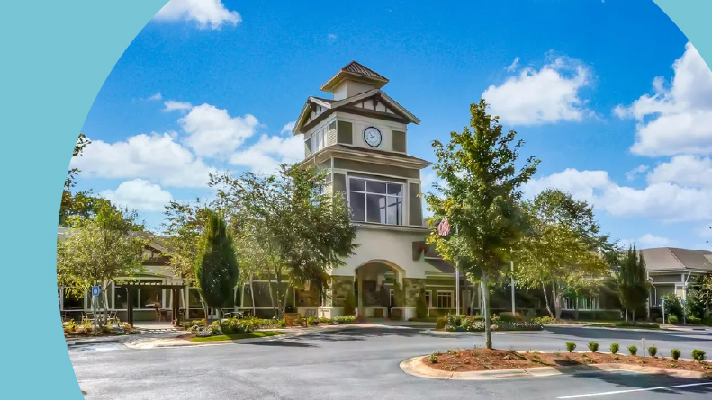 The clocktower at the entrance of Sun City Peachtree in Griffin, Georgia.