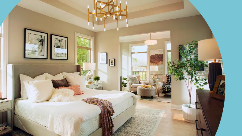 A bedroom in a model home in a 55+ community.
