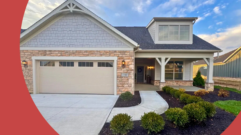 Exterior view of a model home in The Retreat at Cobblestone, one of many new active adult communities in Medina, Ohio.