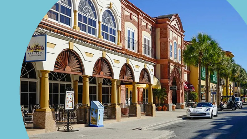 A street lined with shops in The Villages in Florida.