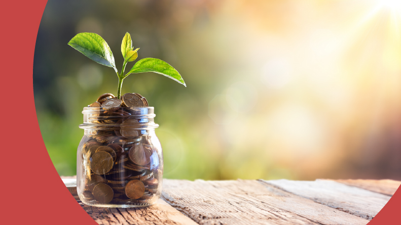 A plant sprouting out of a jar of coins representing retirement savings.