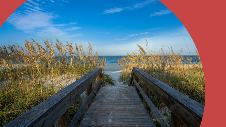 A wooden path over the dunes leading to the ocean in Jacksonville, Florida.