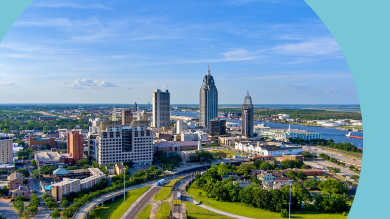 The waterfront skyline of Downtown Mobile, Alabama.