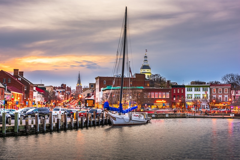 Annapolis, Maryland from Annapolis Harbor at dusk.