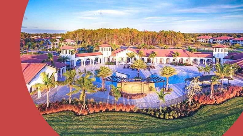 Aerial view of the outdoor pool at Arborwood Preserve in Fort Myers, Florida.