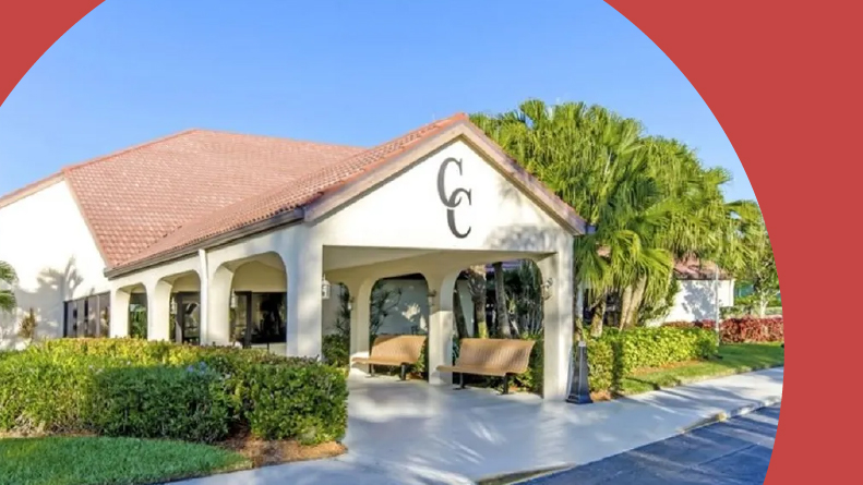 Entrance to the clubhouse at Cinnamon Cove in Fort Myers, Florida.