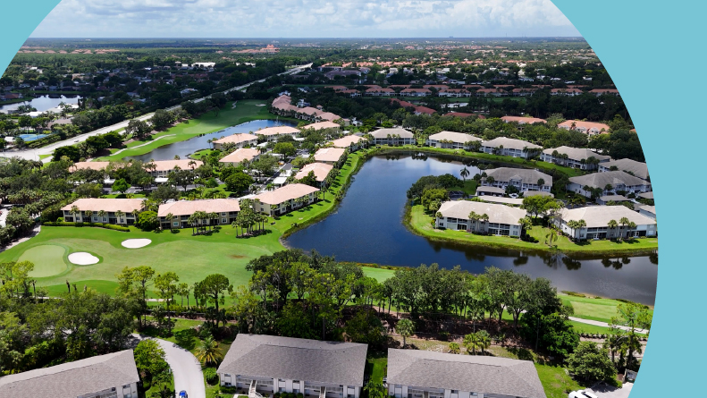 Aerial view of a golf course and community in Naples, Florida.