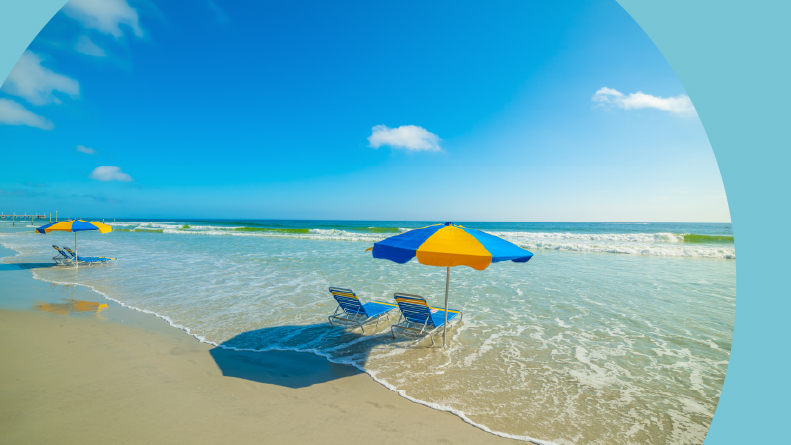 Parasols and beach chairs in Daytona Beach, Florida.